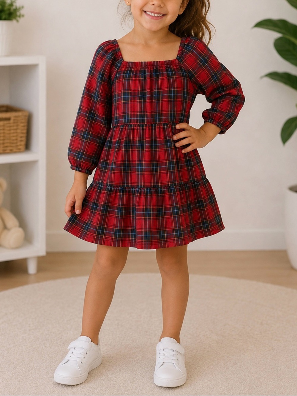 wonder nation Red and Green Plaid Square-Neck Tiered Dress